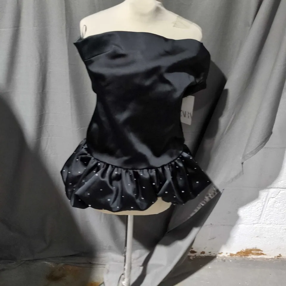 ZARA WOMEN'S BLACK SATIN OFF-SHOULDER EVENING DRESS WITH RUCHED BODICE AND SPARKLE-EMBELLISHED PUFF SKIRT SIZE XS