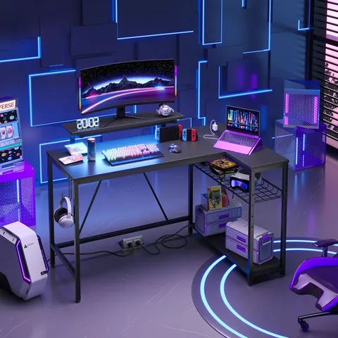 BOXED THIELSEN 48" L SHAPED COMPUTER DESK WITH POWER OUTLET, LED GAMING OR WORK DESK WITH MONITOR STAND