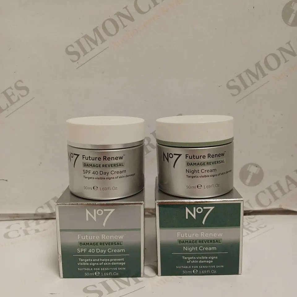 BOX OF APPROX 6 NO.7 FUTURE RENEW DAMAGE REVERSAL SET TO INCLUDE NIGHT CREAM, SPF 40 DAY CREAM, EYE SERUM, ETC. 