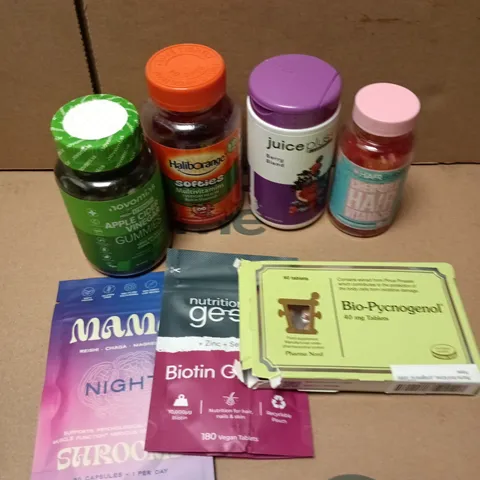 APPROXIMATELY 15 ASSORTED VITAMIN/HEALTH AID PRODUCTS TO INCLUDE VINEGAR GUMMIES, HAIR VITAMINS, GLYCINATE ETC