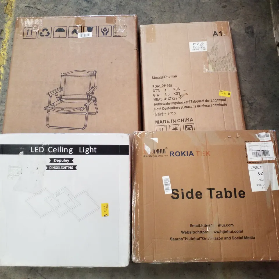 PALLET CONTAINING ASSORTED PRODUCTS INCLUDING STORAGE OTTOMAN, SIDE TABLE, LED CEILING LIGHT & FOLDOUT CHAIR 