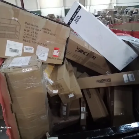 PALLET CONTAINING VARIOUS ASSORTED ITEMS TO INCLUDE SEVERAL LED LIGHT BARS, SHOE CABINET, TV SCREEN PROTECTORS, LED CEILING LIGHT AND LOTS MORE UNMARKED BOXED ITEMS 