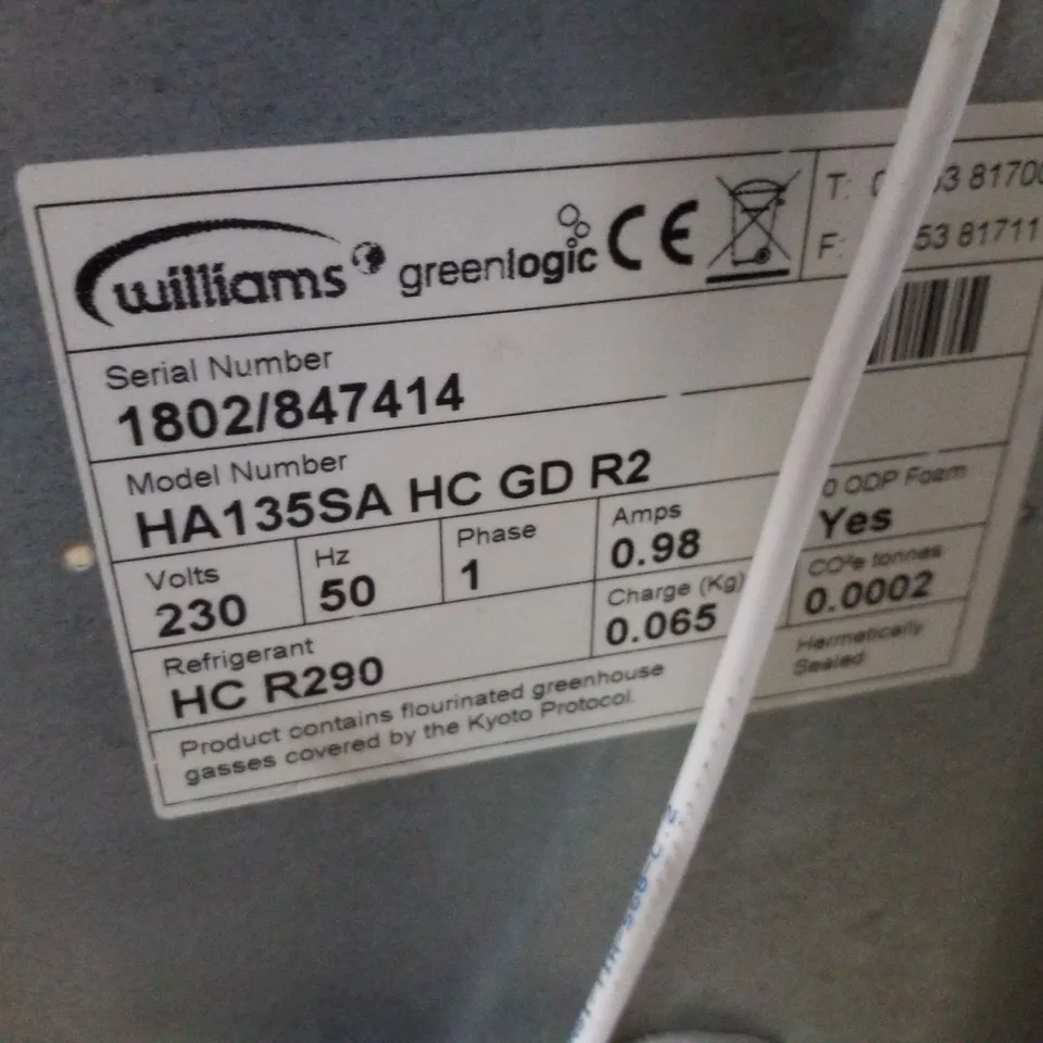 WILLIAMS HA135-SA SINGLE GLASS DOOR 135LTR UNDERCOUNTER REFRIGERATOR