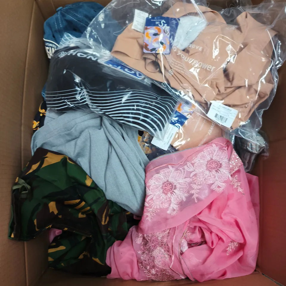 LARGE BOX OF APPROXIMATELY 25 ASSORTED CLOTHING ITEMS IN VARIOUS COLOURS, STYLES AND SIZES - COLLECTION ONLY
