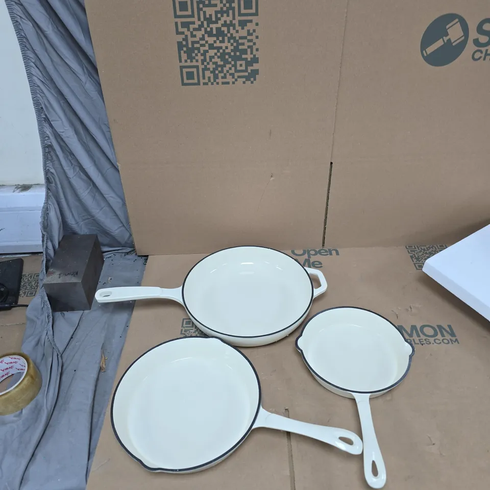 3 ENAMELED CAST IRON PANS 