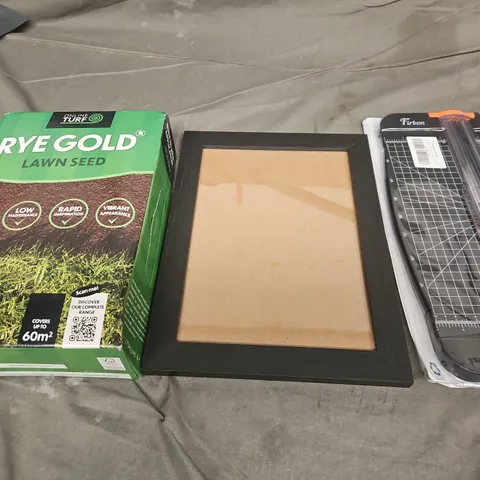 LARGE BOX OF APPROX 10 ASSORTED HOUSEHOLD ITEMS TO INCLUDE PICTURE FRAMES, LAWN SEED AND PAPER CUTTER - COLLECTION ONLY