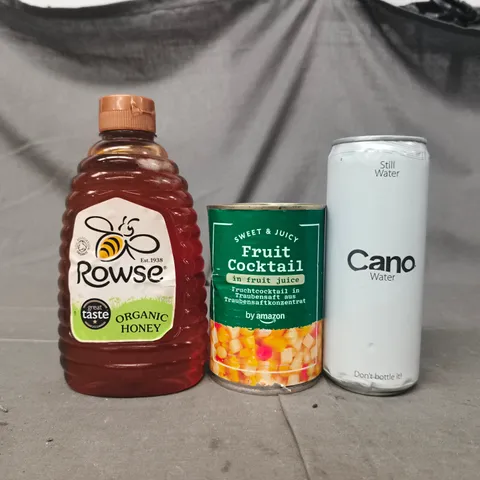 APPROXIMATELY 5 ASSORTED FOOD AND DRINK ITEMS TO INCLUDE HONEY, FRUIT COCKTAIL, ETC