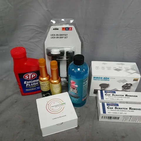 APPROXIMATELY 10 ASSORTED VEHICLE PARTS & ACCESORIES TO INCLUDE LOCK-ON GRIP SET, BLACK BOX RECORDER, STP ENGINE FLUSH, ETC