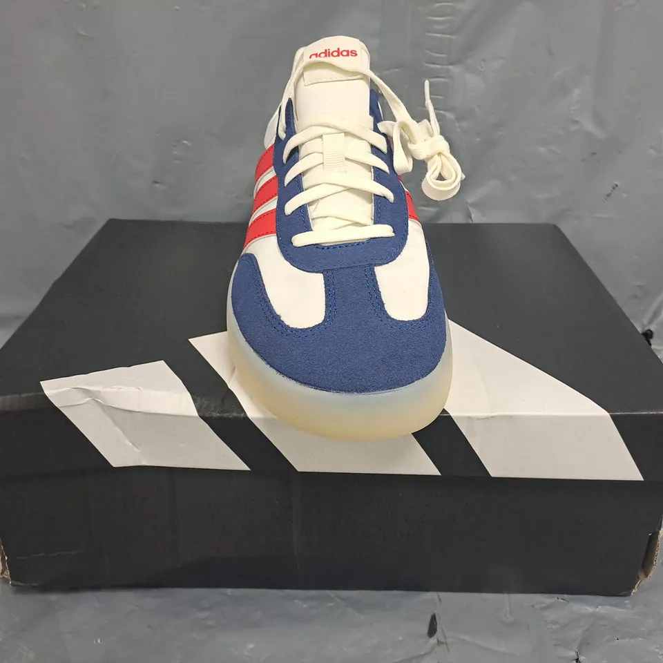 BOXED PAIR OF ADIDAS BARREDA DECODE TRAINERS IN WHITE/BLUE/RED SIZE UK 9