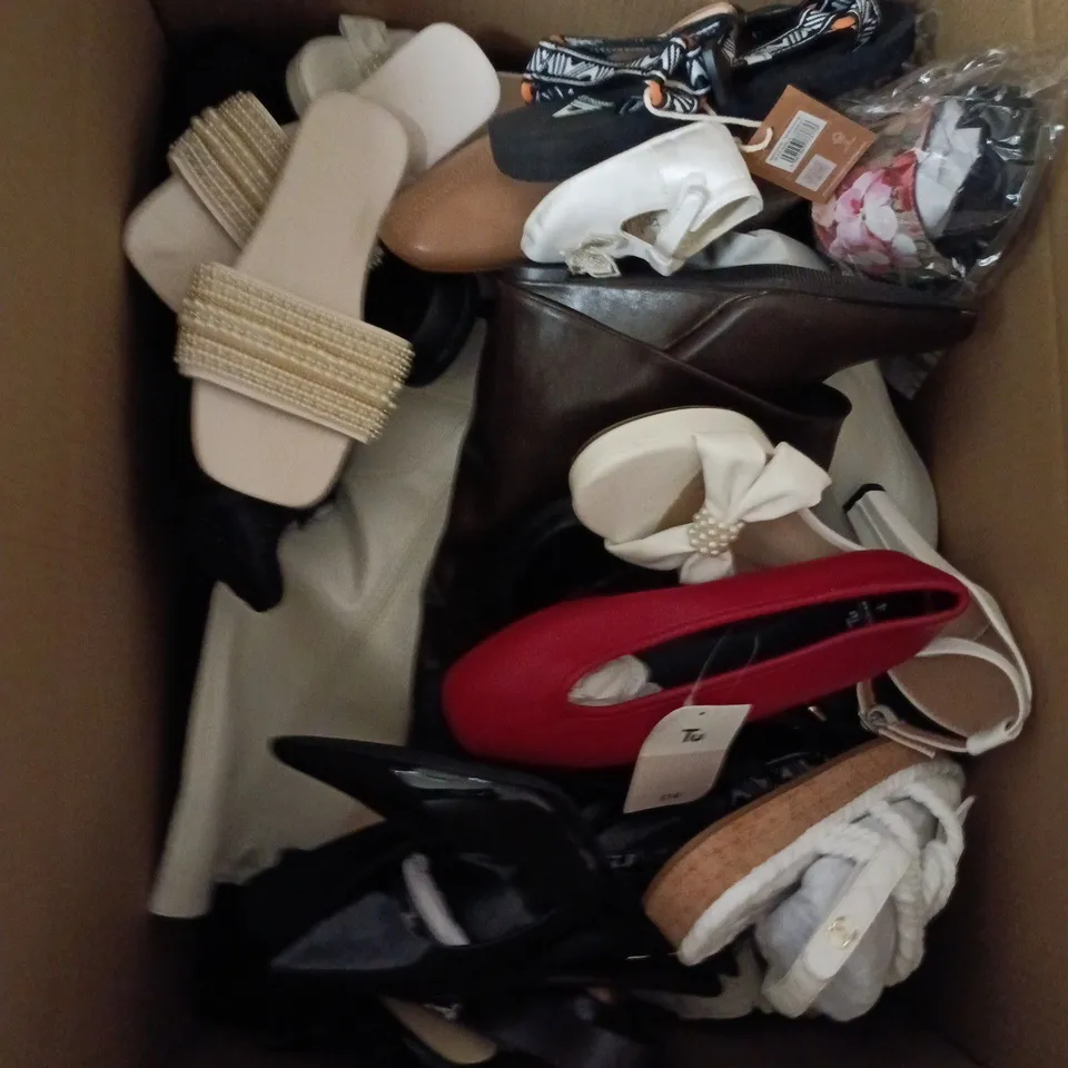 BOX OF APPROXIMATELY 12 PAIRS OF ASSORTED SHOES IN VARIOUS COLOUR, STYLES AND SIZES