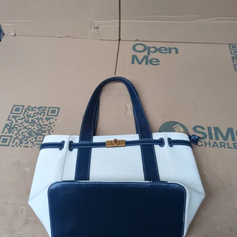 STEVE MADDEN HANDBAG – WHITE WITH BLUE TRIM, GOLD-TONE HARDWARE