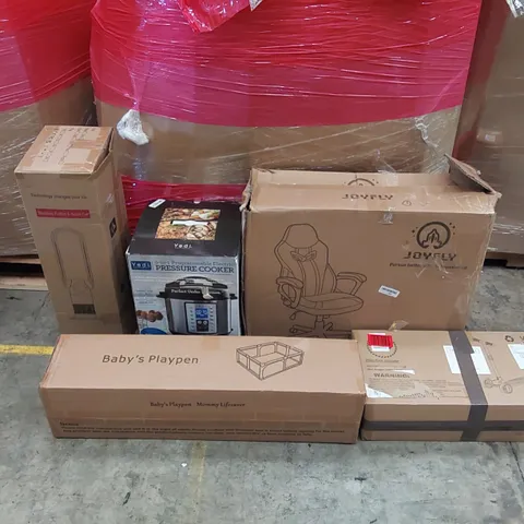 PALLET OF ASSORTED ITEMS INCLUDING: PRESSURE COOKER, BLADELESS PURIFIER & HEATER FAN, OFFICE CHAIR, BALANCE SCOOTER, BABY'S PLAYPEN