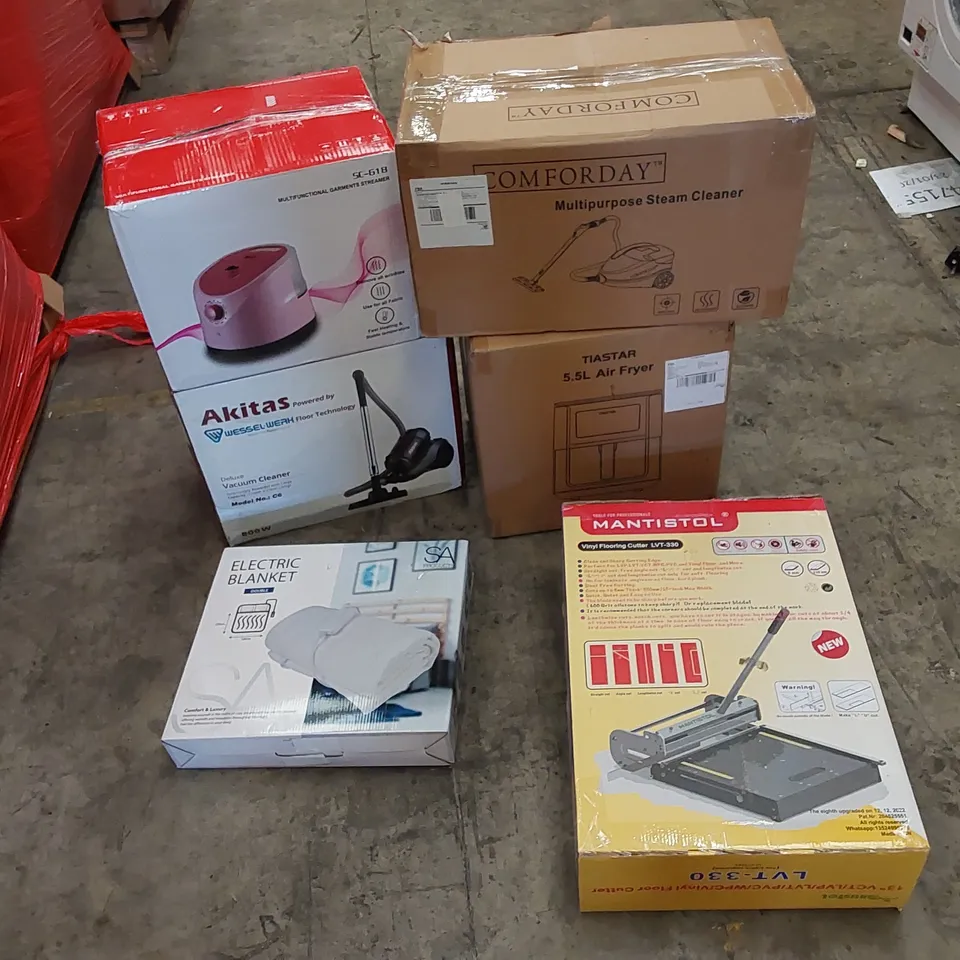 PALLET TO CONTAIN ASSORTED HOUSEHOLD ITEMS AND CONSUMER PRODUCTS. INCLUDING VINYL FLOOR CUTTER, STEAM CLEANER, AIR FRYER, VACUUM CLEANER, ELECTRIC BLANKET ETC