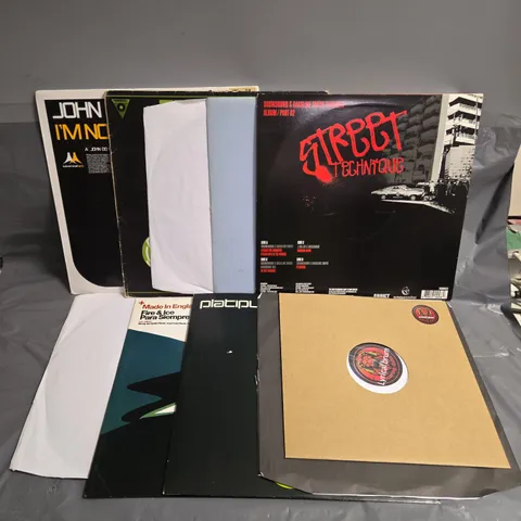 LOT OF APPROXIMATELY 10 ASSORTED VINYL RECORDS, TO INCLUDE - STREET TECHNIQUE DRUM & BASS - PLATIPUS ART OF TRANCE - CLUB ELITE HAAK BASS SHUTTLE/PULLING STRINGS - ETC