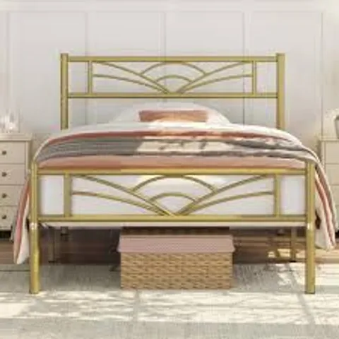BOXED YAHEETECH 90CM SINGLE BED FRAME SLATTED METAL BED WITH CROWN-INSPIRED DESIGN HEADBOARD - GOLD (1 BOX)
