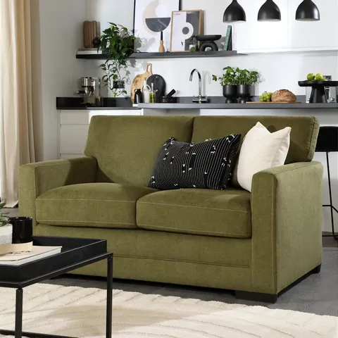 BOXED ARDEN 2 SEATER SOFA, OLIVE GREEN HOUSE PLUSH FABRIC 