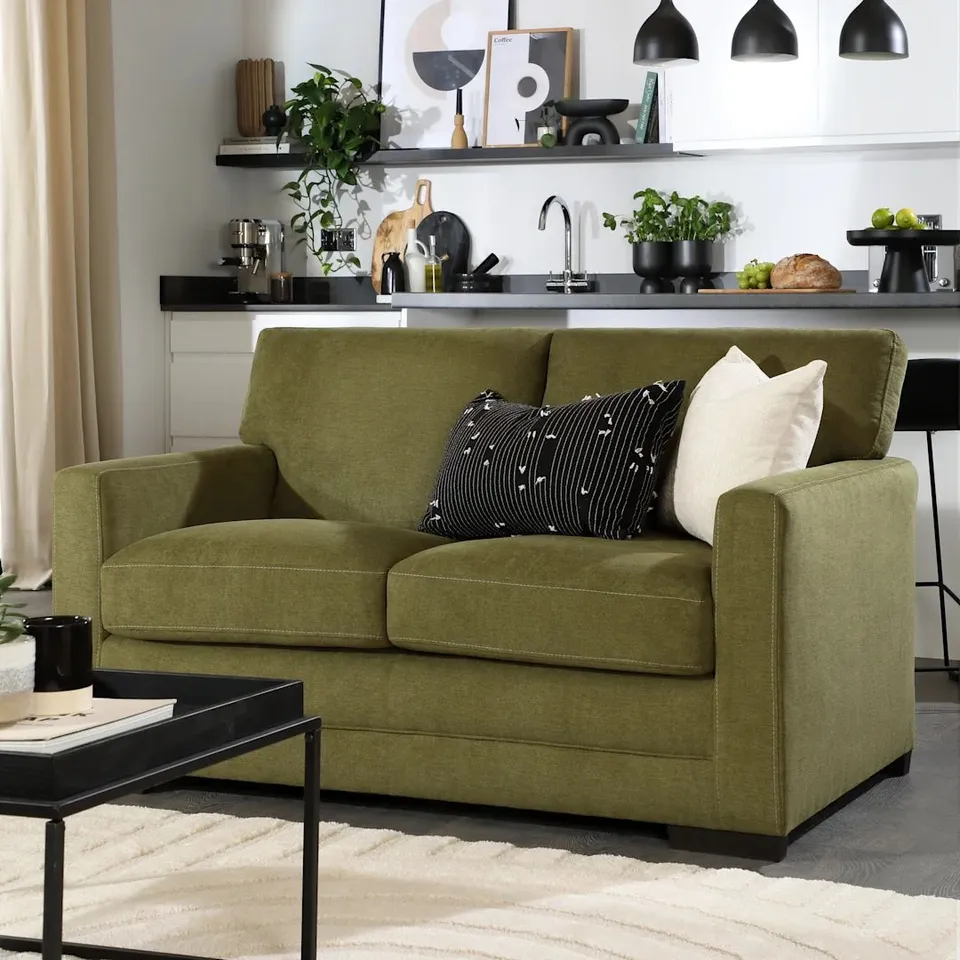 BOXED ARDEN 2 SEATER SOFA, OLIVE GREEN HOUSE PLUSH FABRIC 