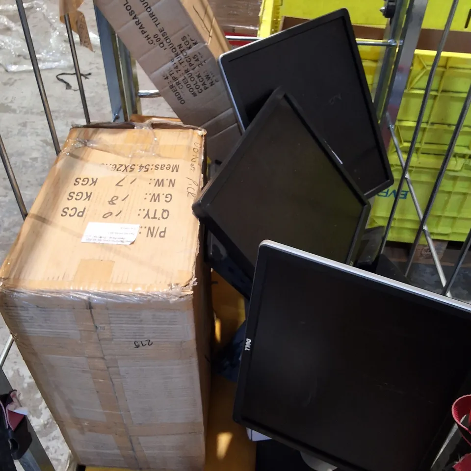 LARGE QUANTITY OF ASSORTED ITEMS TO INCLUDE PHONE CASES AND SCREEN PROTECTORS, PLASTIC TUBS, MONITORS AND PARASOL