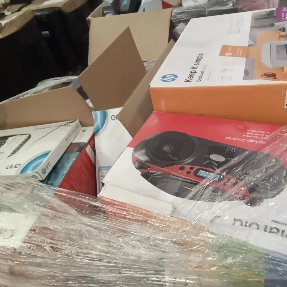 PALLET OF ASSORTED ELECTRONICS INCLUDING WIRELESS HEADPHONES, HP DESKJET, ONN CD BOOMBOX, ONN WIRELESS KEYBOARD, CANON PIXMA, SHARP PARTY SPEAKER SYSTEM