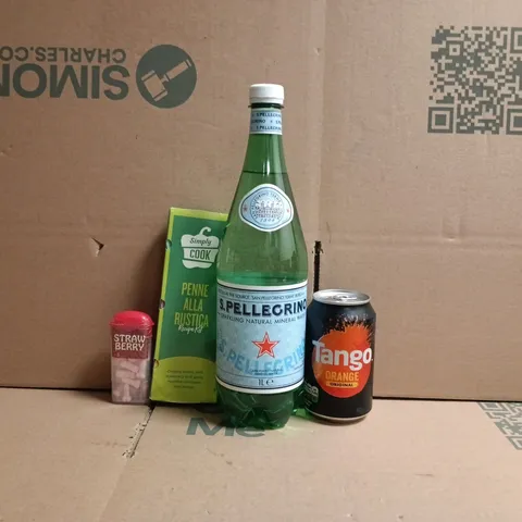 APPROXIMATELY 5 ASSORTED FOOD AND DRINK ITEMS TO INCLUDE SAN PELLEGRINO, TANGO, ETC