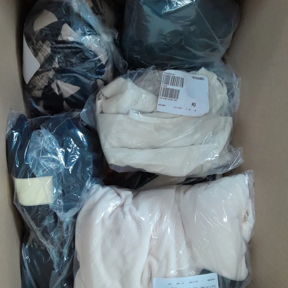 A BOX OF 10 VARIOUS CLOTHING ITEMS TO INCLUDE A HELENE BERMAN COAT A BROWN FAUX LEATHER JACKET AND A MONSOON FLOWER DESIGN TOP