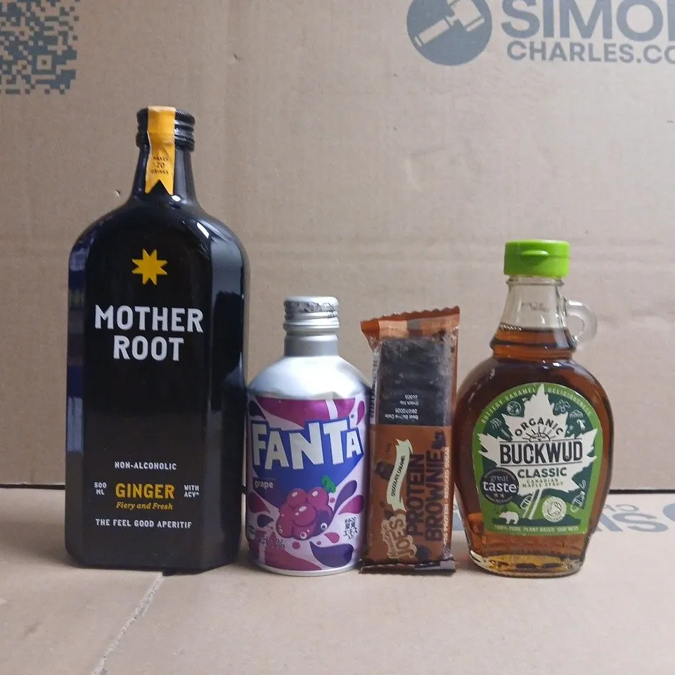 APPROXIMATELY 20 ASSORTED FOOD AND DRINK ITEMS TO INCLUDE FANTA, MOTHER ROOT, ETC