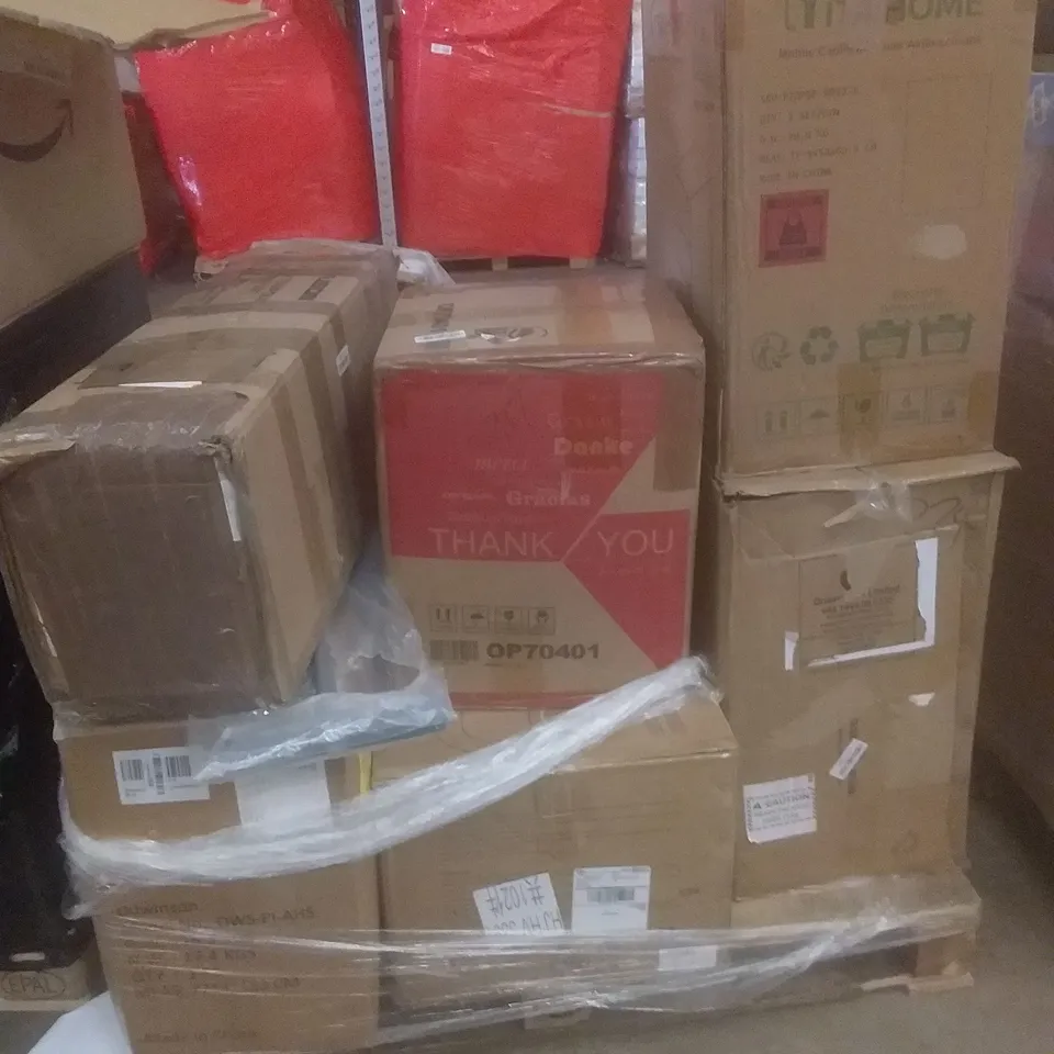 PALLET OF ASSORTED ITEMS INCLUDING OFFICE CHAIR, TRAMPOLINE, MOBILE CABINET, GARDEN FORK