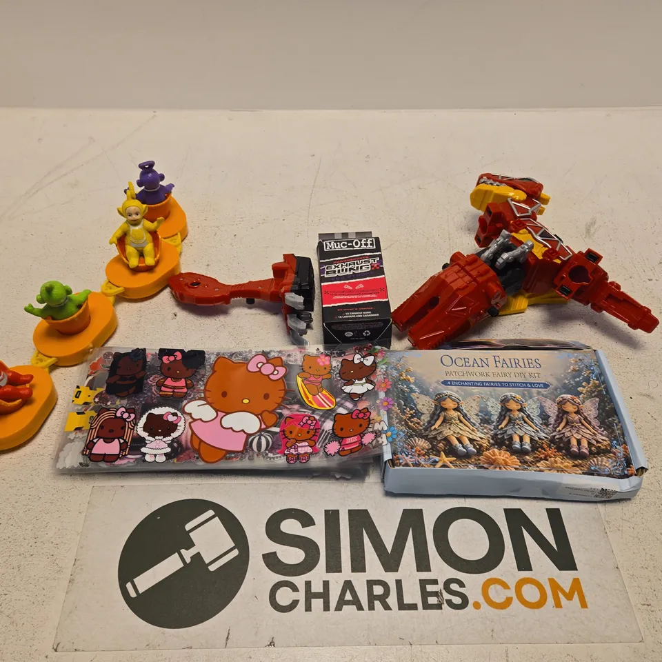 LARGE QUANTITY OF TOYS AND ACCESSORIES TO INCLUDE; OCEAN FAIRIES PATCH WORK FAIRY DIY KIT, MUC OFF EXHAUST BUNG, TELETUBIES FIGURES AND STICKERS