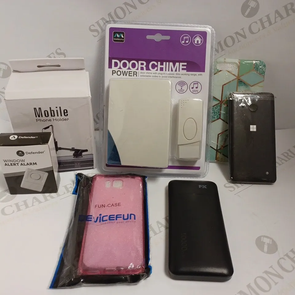 BOX OF APPROX 20 ITEMS INCLUDING ASSORTED PHONE CASES, DOOR HANDLE ALARM AND CHIME ALARM