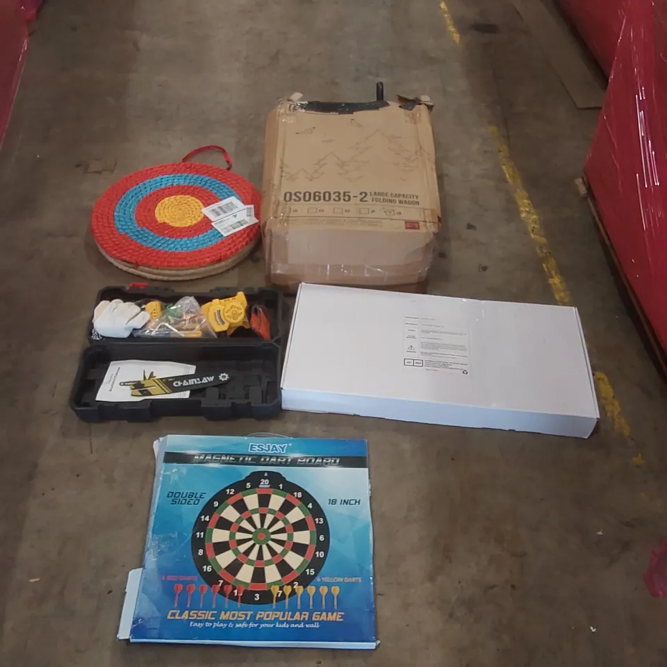 PALLET OF ASSORTED ITEMS INCLUDING: MINI CHAINSAW, SHOWER MIXER SYSTEM, LARGE CAPACITY FOLDING WAGON, ARCHERY TARGET, MAGNETIC DART BOARD ECT