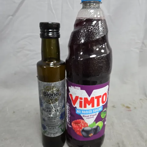 APPROXIMATELY 5 ASSORTED FOOD ITEMS TO INCLUDE - VIMTO AND FLAX SEED OIL 