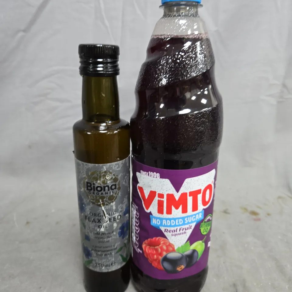 APPROXIMATELY 5 ASSORTED FOOD ITEMS TO INCLUDE - VIMTO AND FLAX SEED OIL 