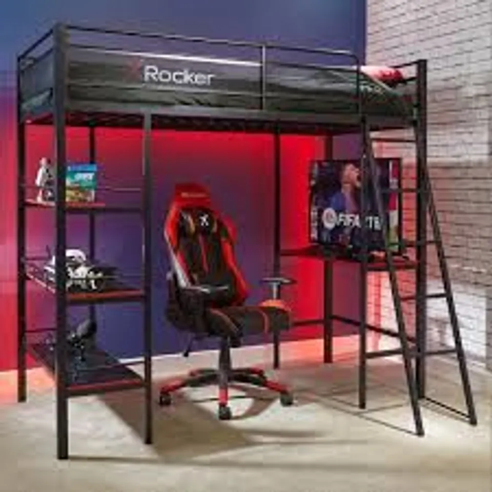 BOXED X ROCKER FORTRESS GAMING HIGH SLEEPER LOFT BED WITH BUILT-IN-DESK (2 BOXES)