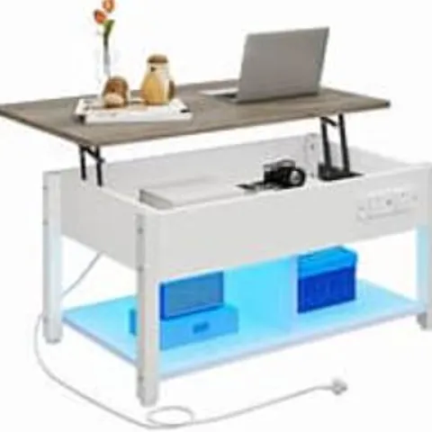 BOXED YITAHOME LIFT TOP COFFEE TABLE, WOODEN LIFTING ADJUSTABLE TABLETOP HEIGHT COFFEE TABLE WITH HIDDEN STORAGE AND OPEN SHELF FOR LIVING ROOM, WITH POWER STRIP AND LED LIGHT STRIP,100X50X(49-63.5) C