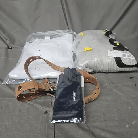 BOX OF APPROXIMATELY 25 ASSORTED CLOTHING ITEMS TO INCLUDE WHITE JEANS, LAMBS WOOL V NECK JUMPER, GLOVES, BELT ETC