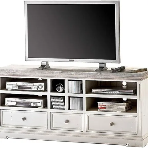 BRAND NEW BOXED OPAL WOODEN TV CABINET IN WHITE PINE WITH DRAWERS AND SHELVES (1 BOX)