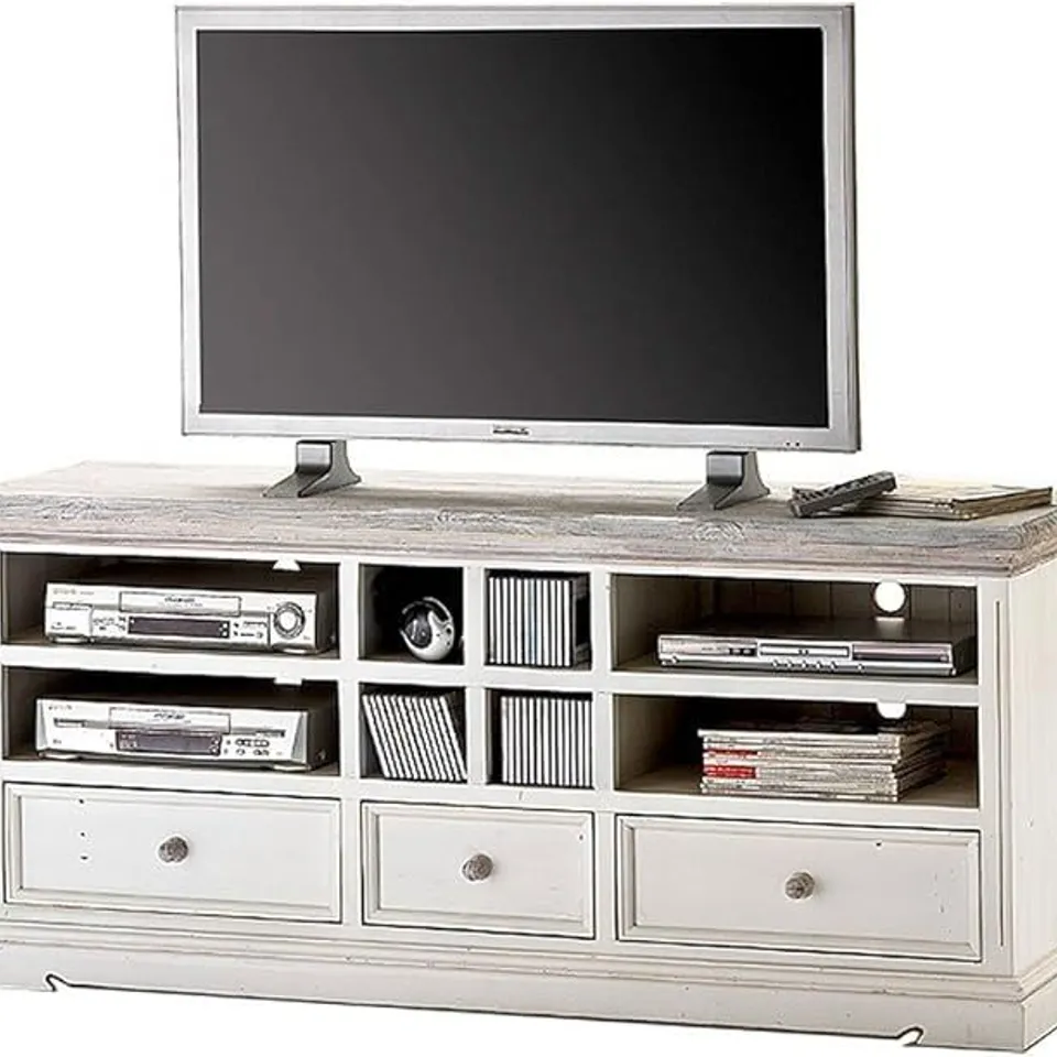 BRAND NEW BOXED OPAL WOODEN TV CABINET IN WHITE PINE WITH DRAWERS AND SHELVES (1 BOX)