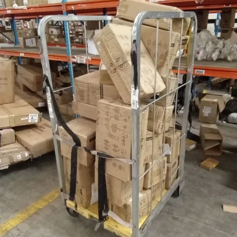 CAGE OF ASSORTED HOUSEHOLD GOODS AND PRODUCTS TO INCLUDE; A LARGE NUMBER OF TREE STANDS, STEAM MOP, CHRISTMAS BAUBLES, EGG BOILERS ETC