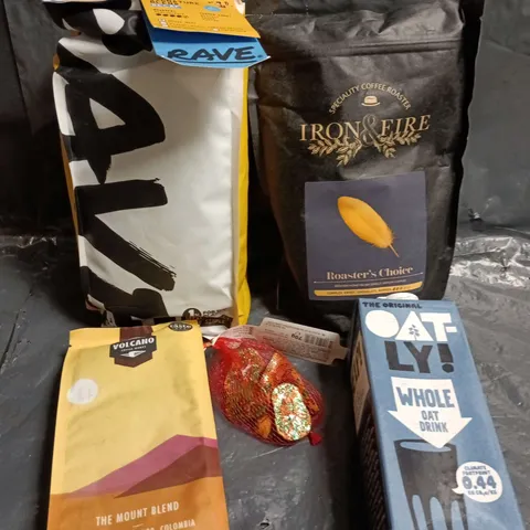APPROXIMATELY 10 ASSORTED FOOD/DRINK PRODUCTS TO INCLUDE RAVE COFFEE, OAT MILK, IRON AND FIRE COFFEE ETC 