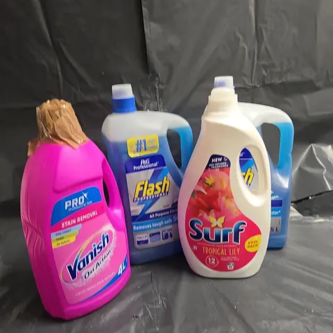 4 ASSORTED LARGE LIQUIDS TO INCLUDE VANISH OXI ACTION, SURF TROPICAL LILY, FLASH ALL PURPOSE CLEANER - COLLECTION ONLY