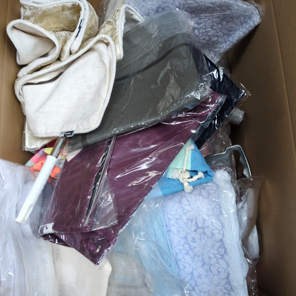 BOX OF APPROXIMATELY 22 ASSORTED ITEMS TO INCLUDE WICKER MUSHROOM BASKET, LS-X LEAK SEALER, PILLOWCASES, 50 YEARS WRAPPING PAPER ETC