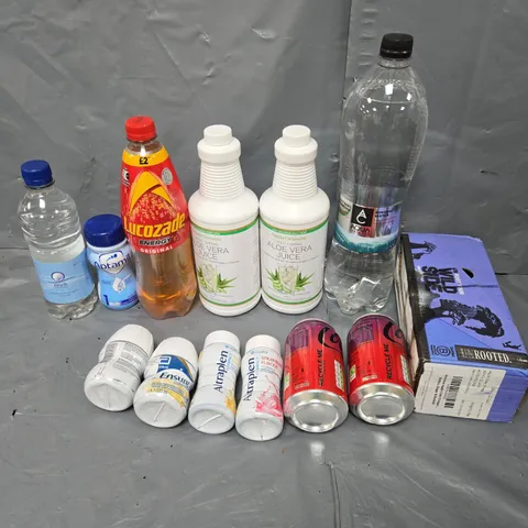 APPROXIMATELY 10 ASSORTED DRINK ITEMS TO INCLUDE - AQUA, UNROOTED, AND LUCOZADE ENERGY ORIGINAL ETC.