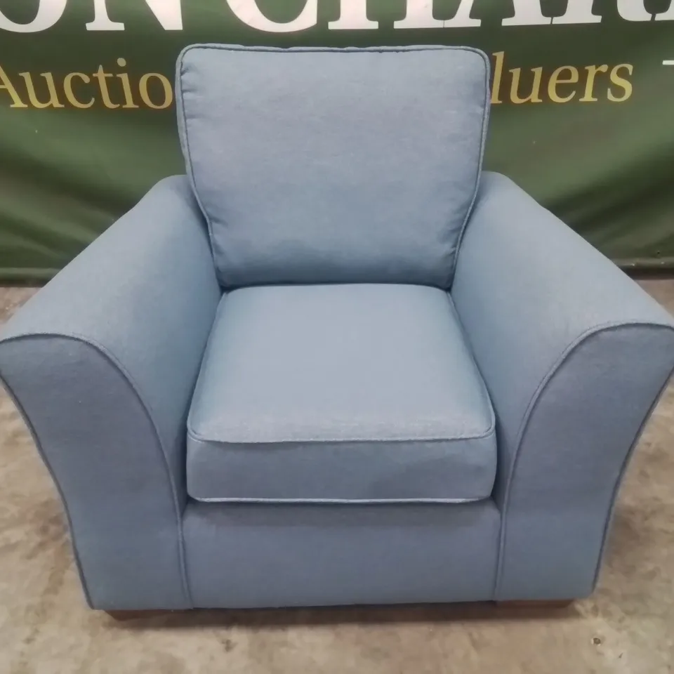 QUALITY DESIGNER EX SHOWROOM FABRIC UPHOLSTERED ARMCHAIR - SKY BLUE