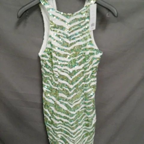 FRENCH CONNECTION WOMENβS SEQUIN DRESS β GREEN/TEAL & WHITE, UK 10