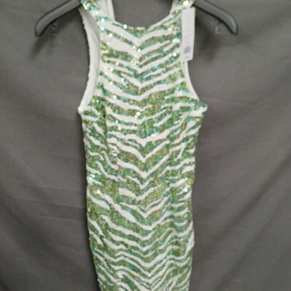 FRENCH CONNECTION WOMEN’S SEQUIN DRESS – GREEN/TEAL & WHITE, UK 10