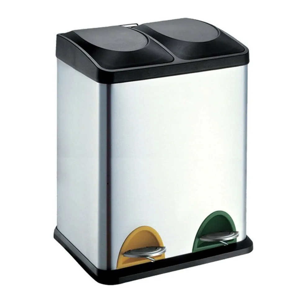 BOXED STAINLESS STEEL RECYCLING PEDAL BIN WITH BLACK LID
