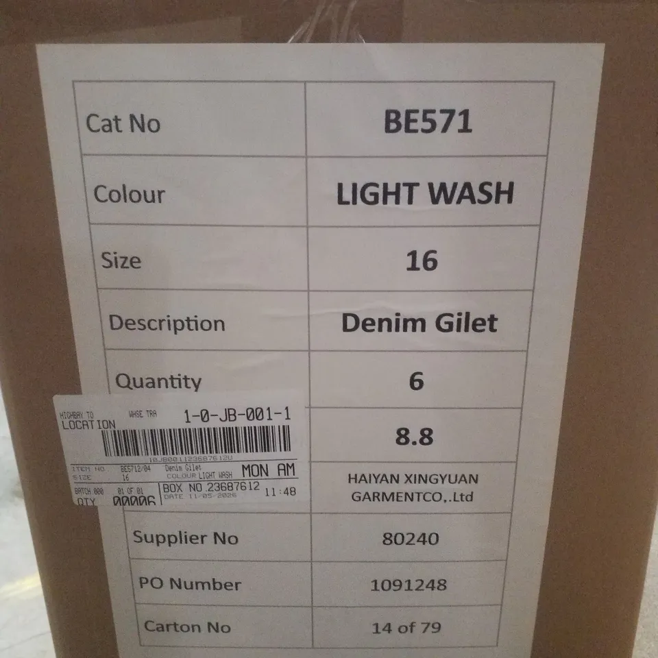 BOX CONTAINING APPROXIMATELY 6 BRAND NEW SIMPLY BE BLUE REGULAR SLEEVELESS DENIM GILETS - SIZE 16