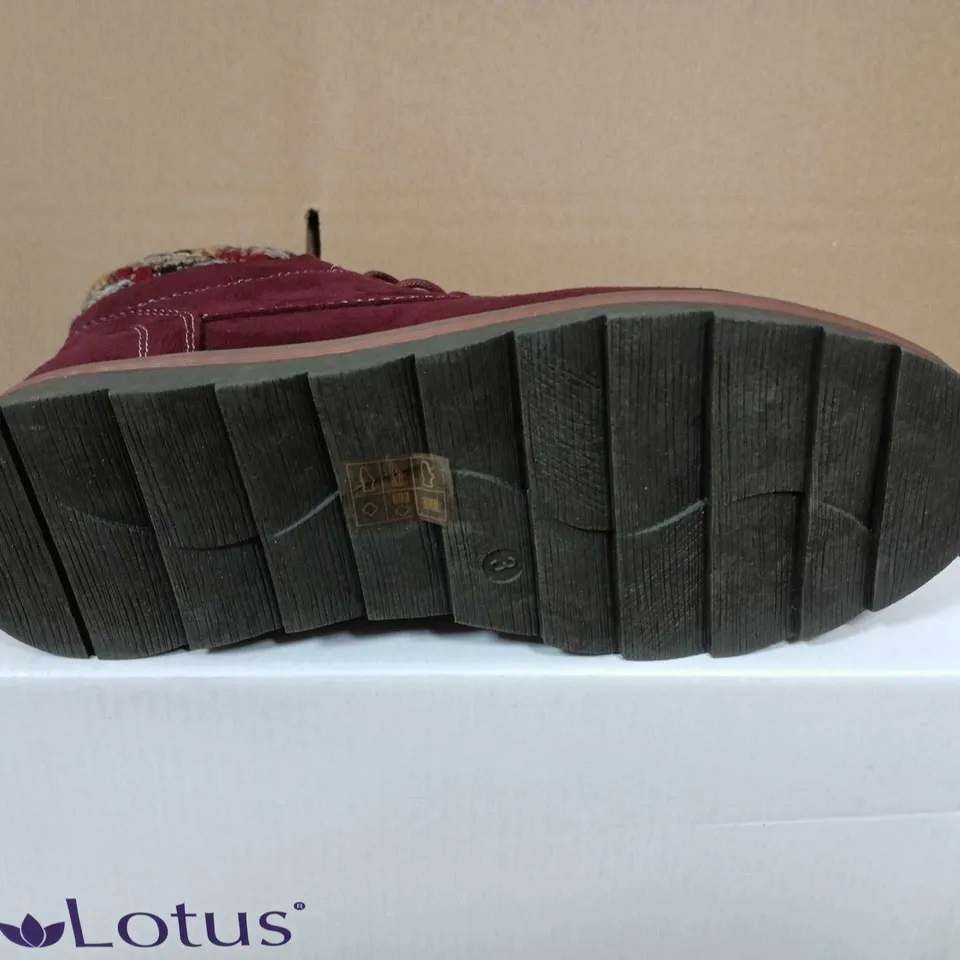 BOXED PAIR OF LOTUS SYCAMORE BORDO SUEDE BOOTS – WOMEN'S ANKLE BOOTS, UK 3
