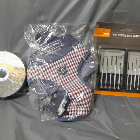 BOX OF APPROXIMATELY 8 ASSORTED ITEMS TO INCLUDE - PRECISION SCREWDRIVER SET , HUGO & HUDSON SMALL HARNESS , CISIVIS CUTTING WHEEL ETC