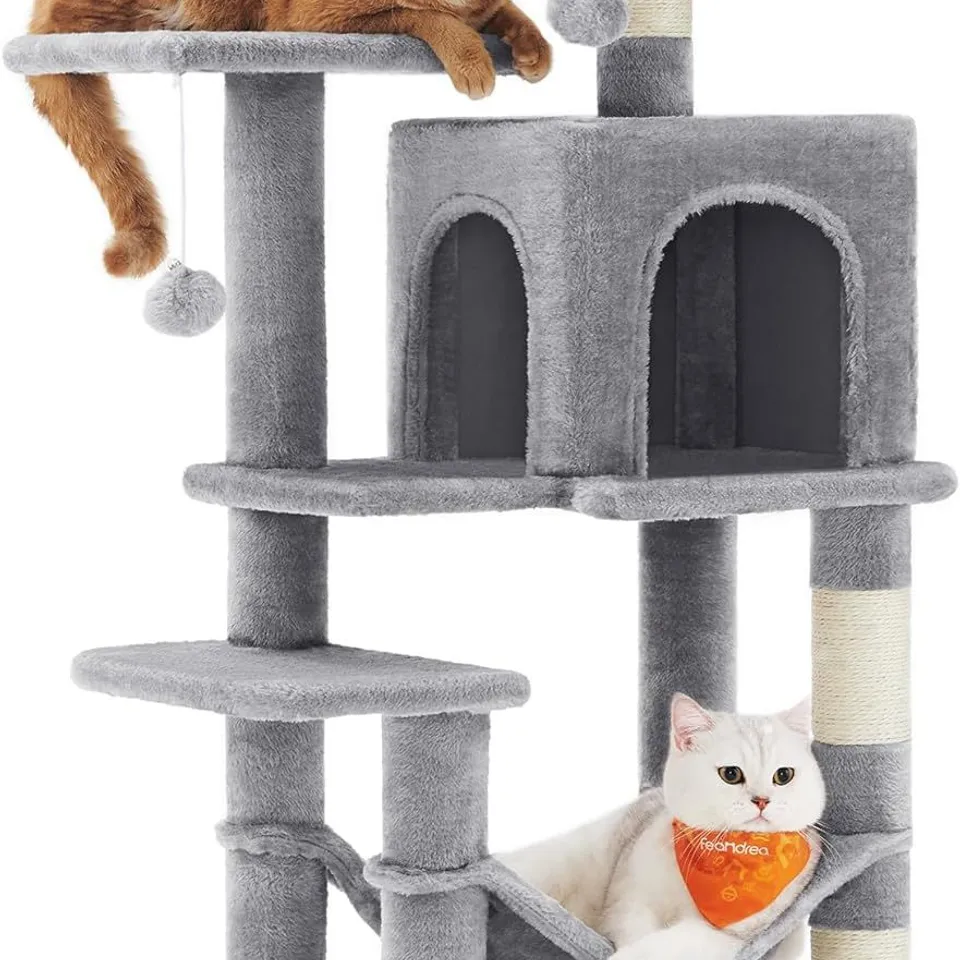 BOXED FEANDREA CAT TREE TOWER, 112 CM MULTI-LEVEL PLUSH CAT CONDO WITH 4 SCRATCHING POSTS - GREY